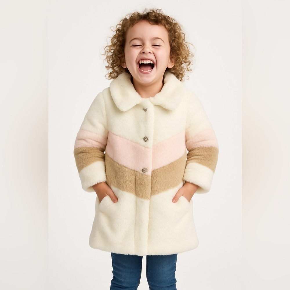 Velveteen Girls Faux Fur Colorblock Coat White Pink Tan | Size 5Y